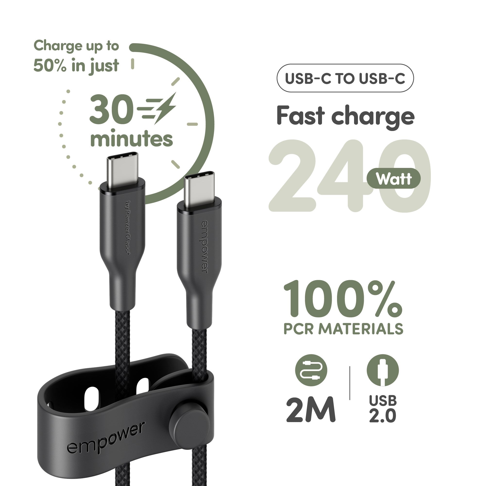 empower™ by PanzerGlass® Racing 240W USB-C to USB-C Kabel | USB 2.0 | 2M | Space Black